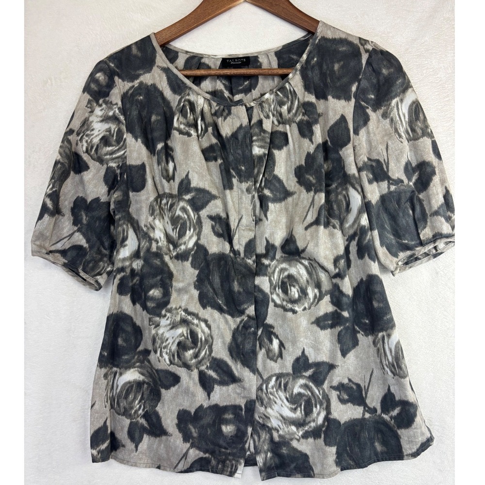 TALBOTS Short Sleeve Rose Blouse Cotton Top Button Down Black Grey Floral‎ 6Work